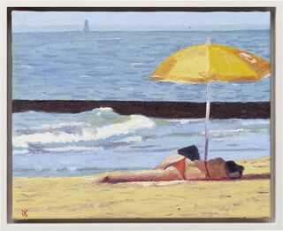 Picture "Coney Island Sunbathing Woman Yellow Umbrella" (2023) (Unique piece)